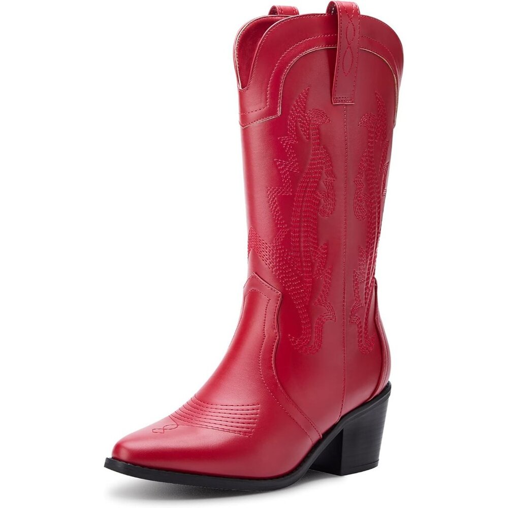 Women's Red Embroidered Pointed Toe Mid Calf Chunky Block Western Heel Boots - Picture 1 of 7